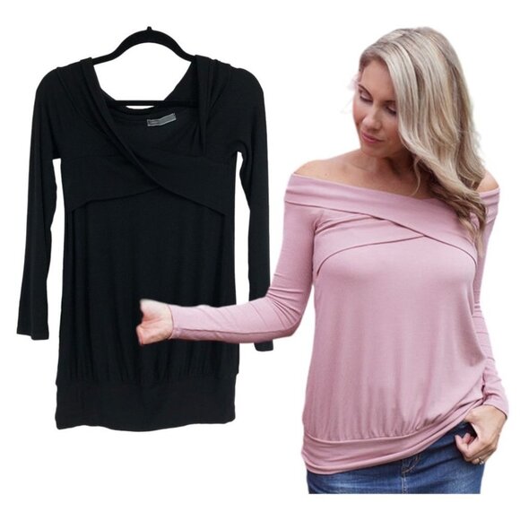 Cherish Black Fun and flirty ribbed cross cross off-the-shoulder tunic size S - Picture 1 of 16